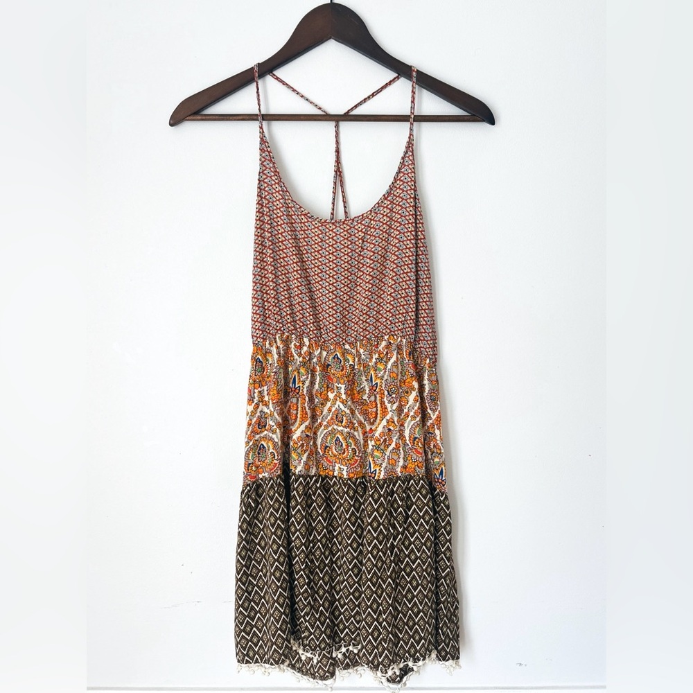 Umgee USA Boho Tiered Tank Top L – Mixed Print Sleeveless Tunic Festival